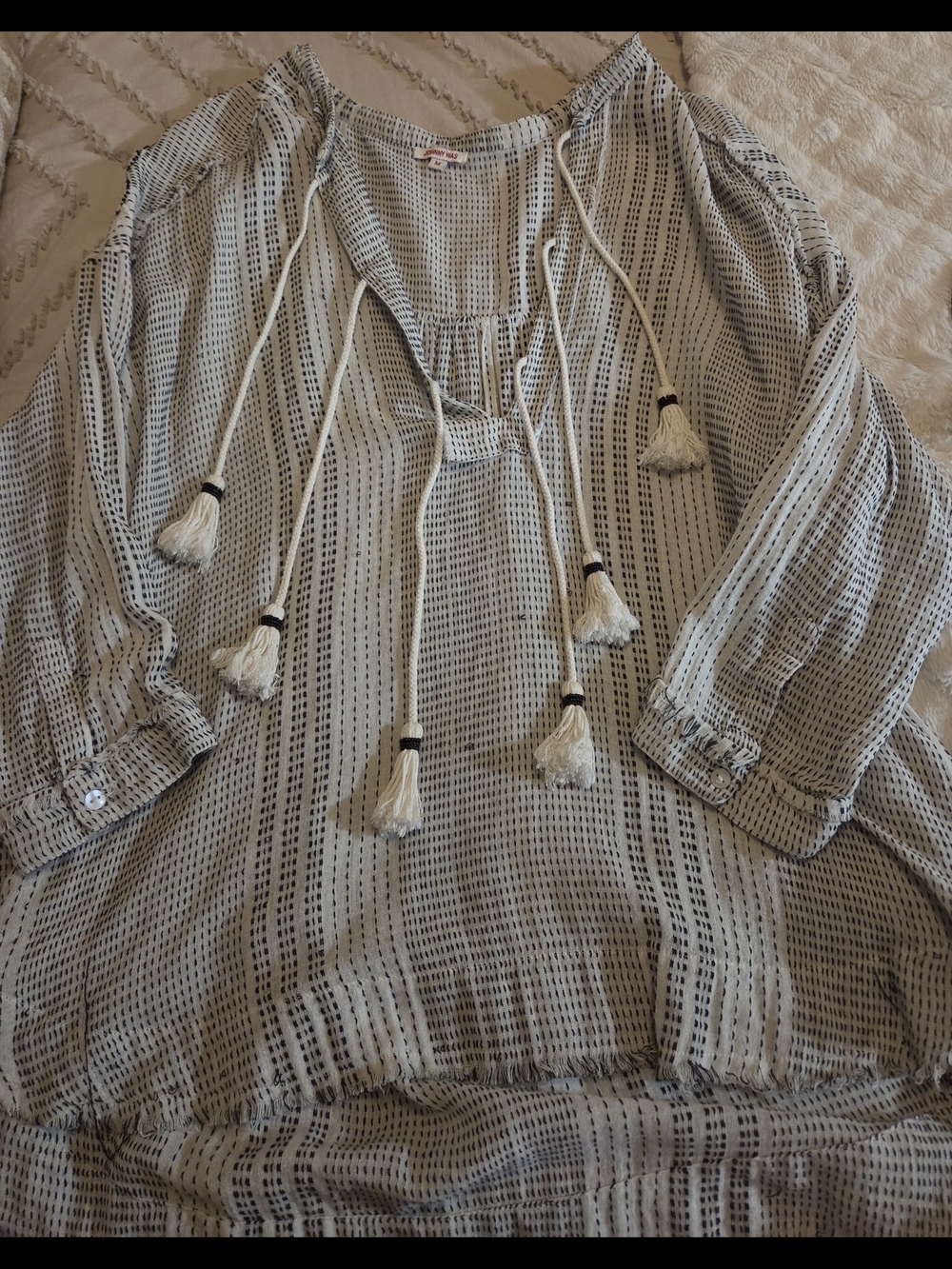 Johnny Was Cream and Black Striped Tassel Peasant Blouse. runs big